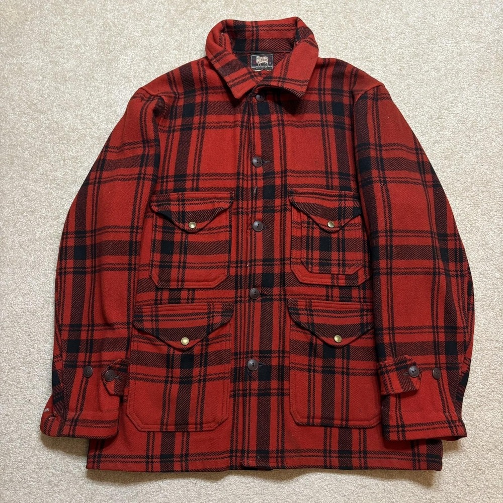 Vtg Woolrich Mackinaw Jacket Large Red Plaid Wool Hunting Cruiser 40s 50s USA